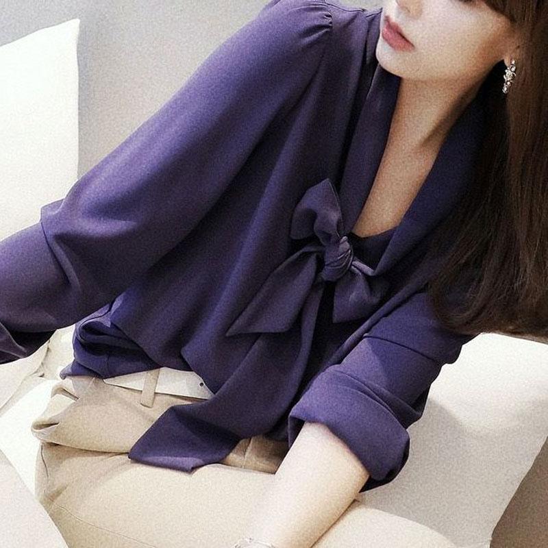 Office Lady Solid Color Shirt Spring Autumn Long Sleeve Stylish Scarf Collar Casual Drawstring Bow Female Single-breasted Blouse