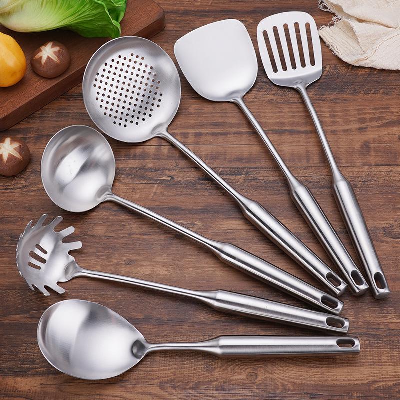 304 Stainless Steel Kitchen Utensil Set: Hollow Handle Spatula, Slotted Spoon, Frying Pan Spatula, Flour Sieve, Soup Spoon, Rice Spoon.