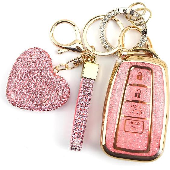 Key Fob Cover with Diamond Keychain Car Key Holder Compatible with Toyota 2018-2024 Highlander RAV4 Camry Avalon C-HR Corolla GT86 Smart Key