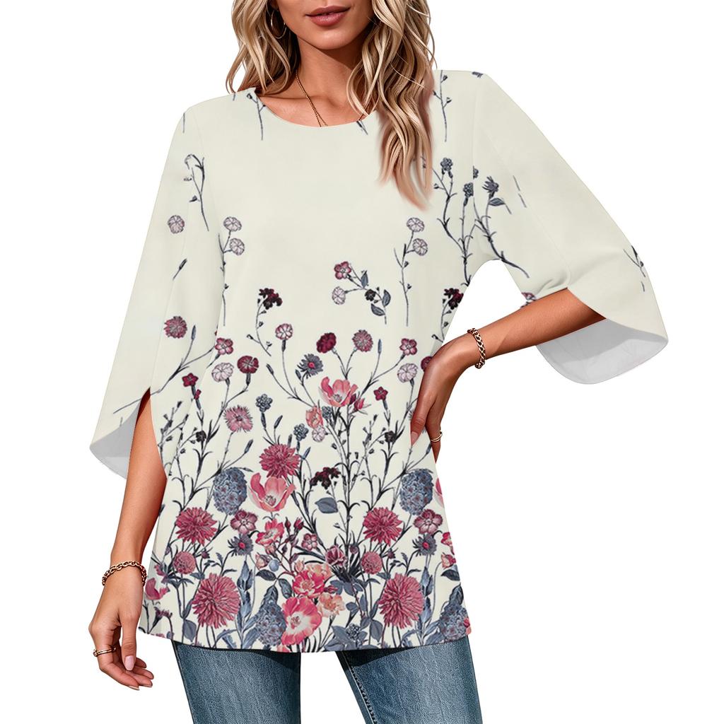 Women's Color Neck Three-Quarter Sleeve Casual Top