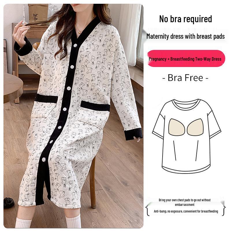 Umstandspajamakleid aus Luftbaumwolle für Herbst/Winter - Übergröße für pränatale, Krankenhaus- und postpartale/Stillzeit-Nutzung