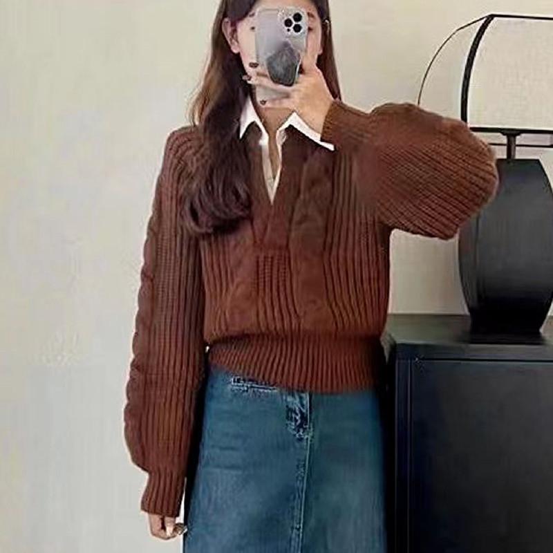 

Женская рубашка в стиле пэчворк на осень и зиму, дизайн Sense Niche, поддельный свитер из двух частей, свободный трикотажный топ с длинными рукавами one size кофейный