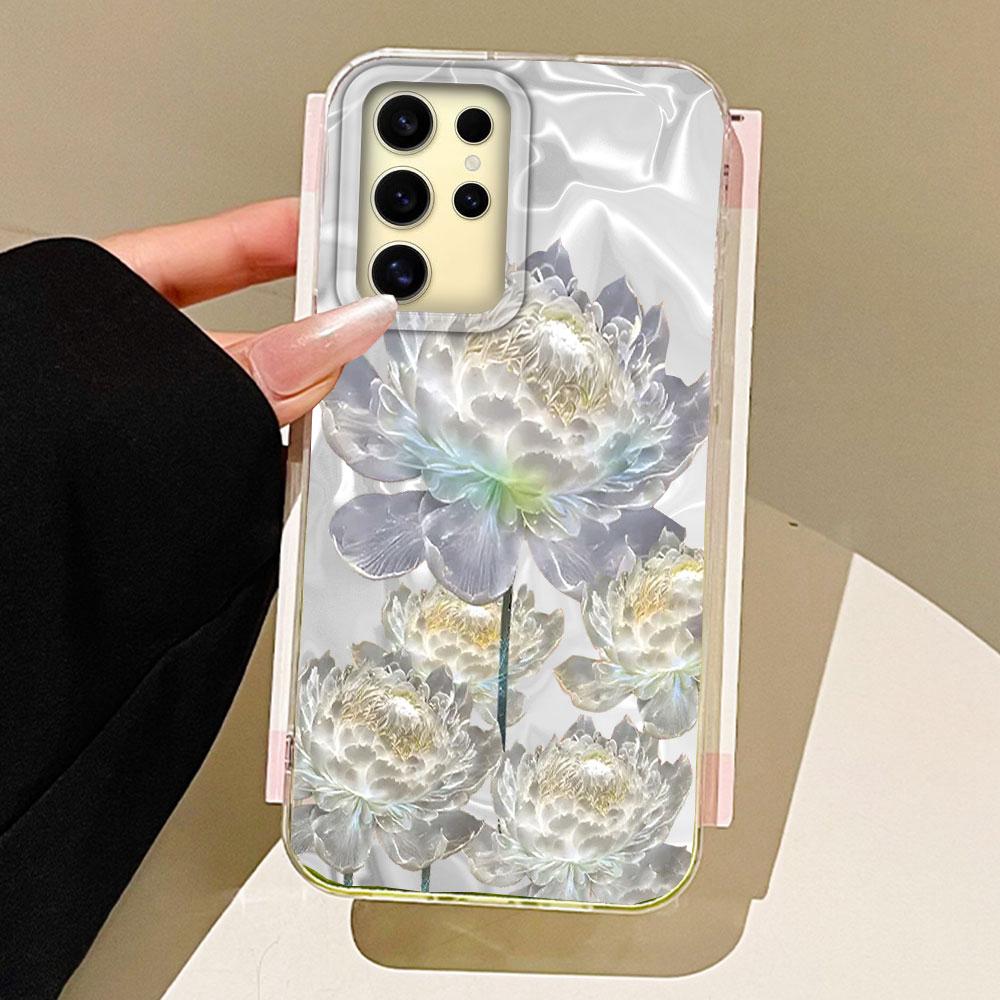 

White Peony Lotus Print Women Girls Water Texture Phone Case for Samsung Galaxy S25 edge S24 S23 S22 S21 FE Plus Ultra TPU Cover Samsung Galaxy S23 Ultra білий