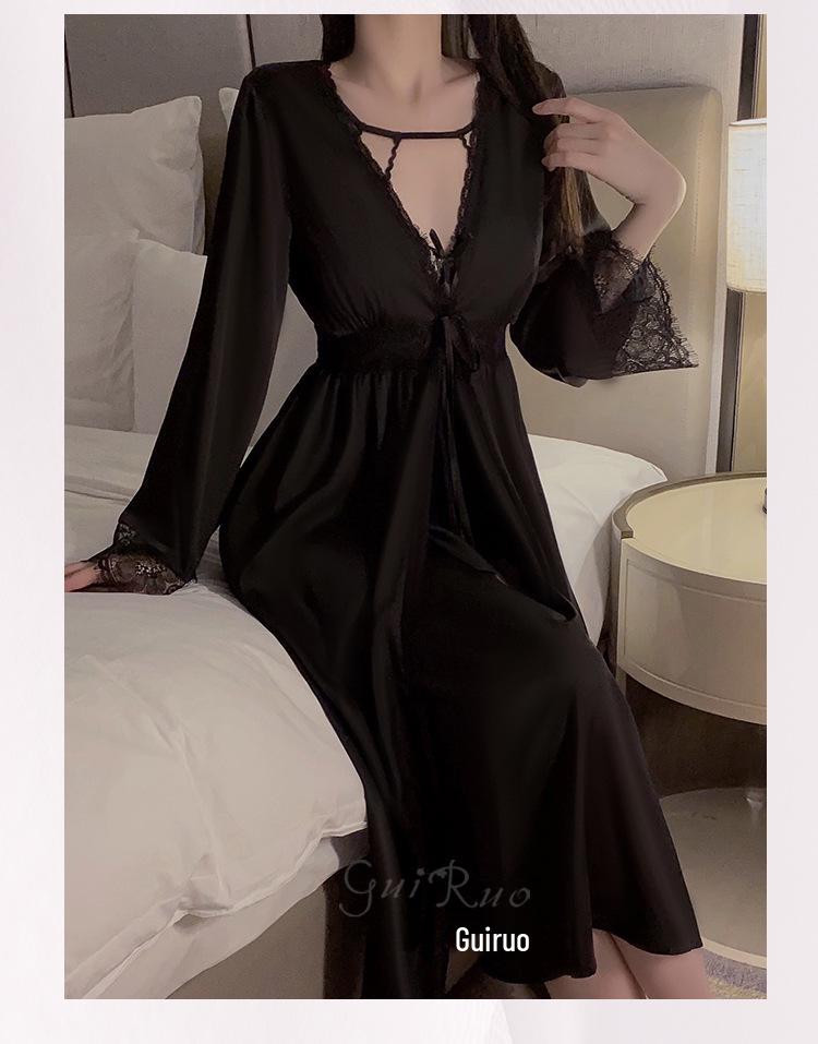 Guiruo Sexy Lace Slimming Nightgown & Outer Robe Set with Bust Pads - Women's Home Wear P4214