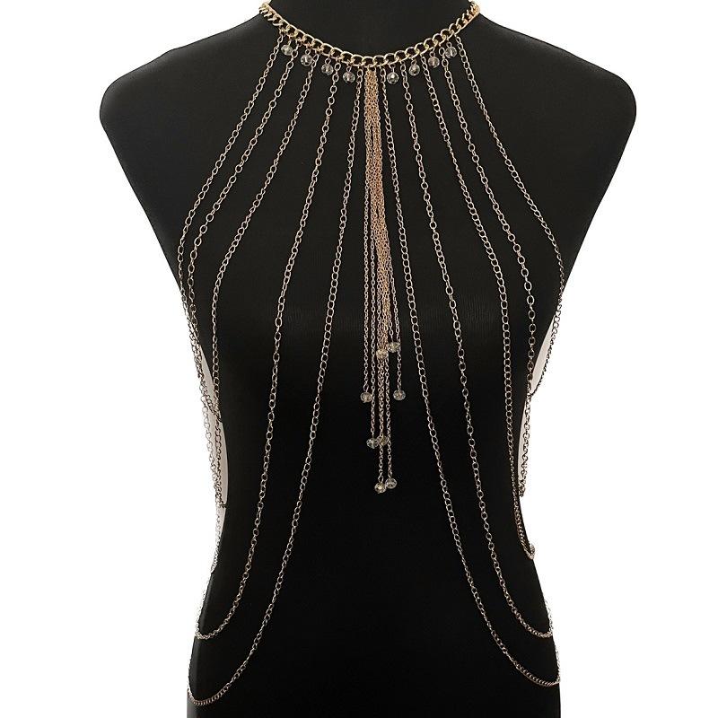 Vintage exaggerated tassel body chain, crystal tassel bra chain, sexy bikini waist chain