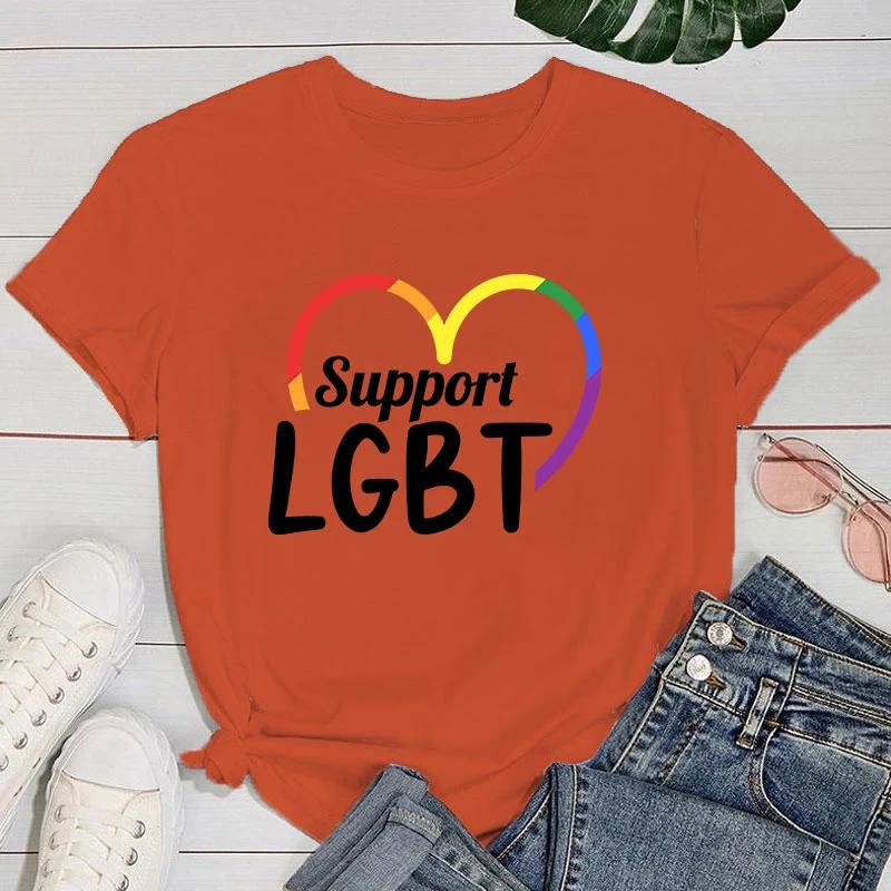 (Premium T-shirt)Support Lgbt Print T-Shirts For Women Summer Funny Round Neck Short Sleeve Casual T-Shirts
