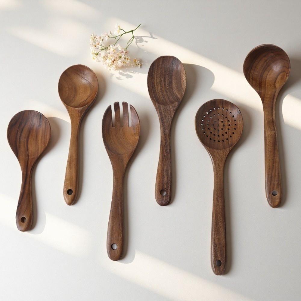 9pcs Acacia Wood Kitchen Utensils Set Long Handle Non Stick Wooden Cooking Utensils Heat Resistant No Paint Frying Spatula Spoon