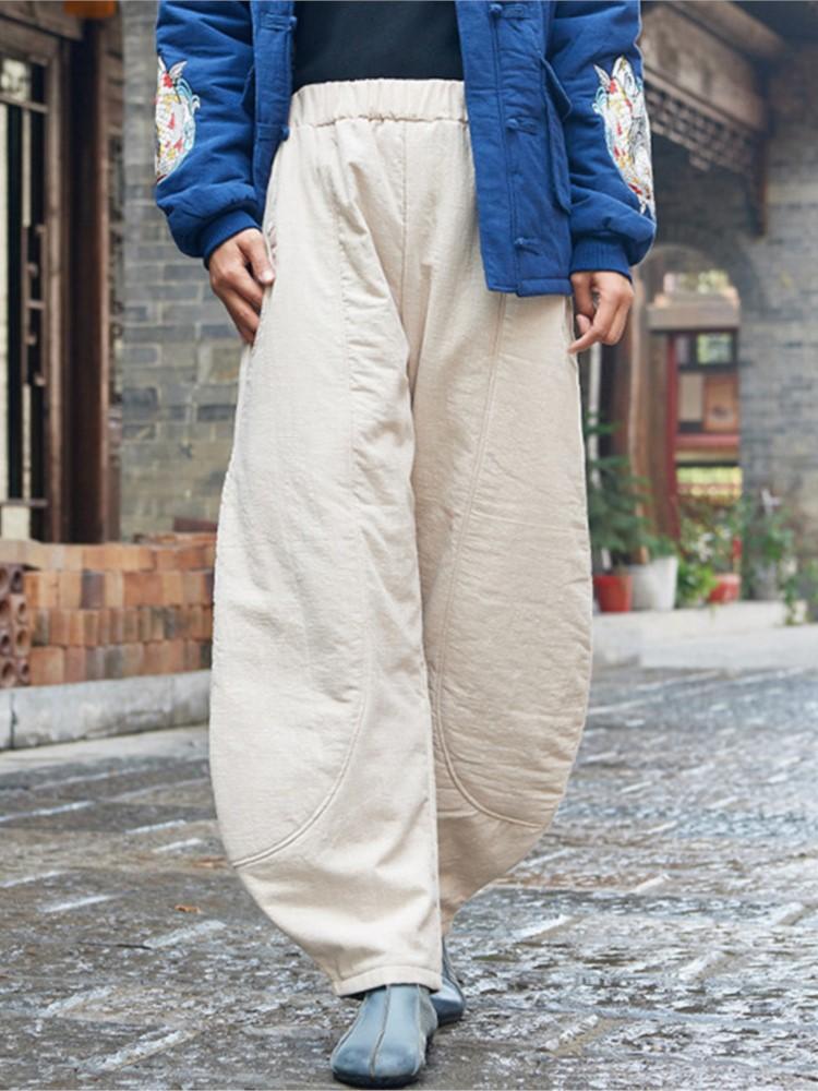 Johnature Winter Vintage Loose Cotton Linen Elastic Mid Waist Pants Solid Color Thicken Warm Women Pants