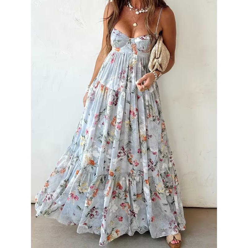 European and American summer new printing sleeveless backless temperament elegant suspender dress women's clothing