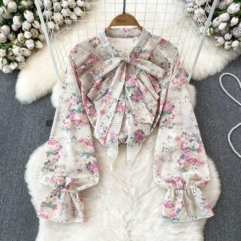 

Ruffles Bell Sleeve Casual Tops Bows Shoelace Apricot Base Powder Flower One size