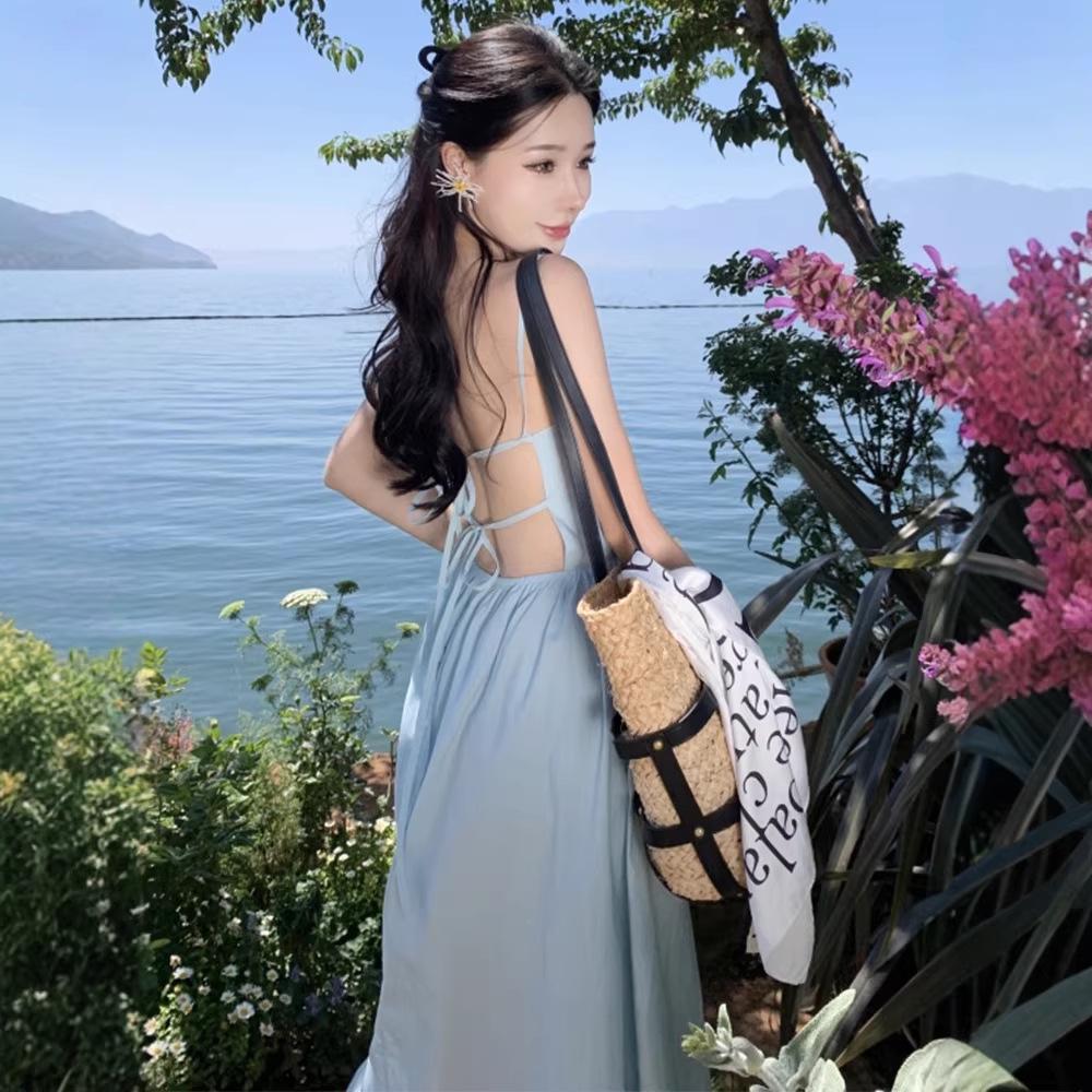 Blue Backless Spaghetti Strap Maxi Dress for Women - French Style A-line Beachwear
