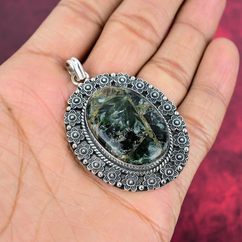 Pendentif en argent massif 925 avec pierre précieuse séraphinite, magnifique pendentif en argent fait main, idéal pour Thanksgiving