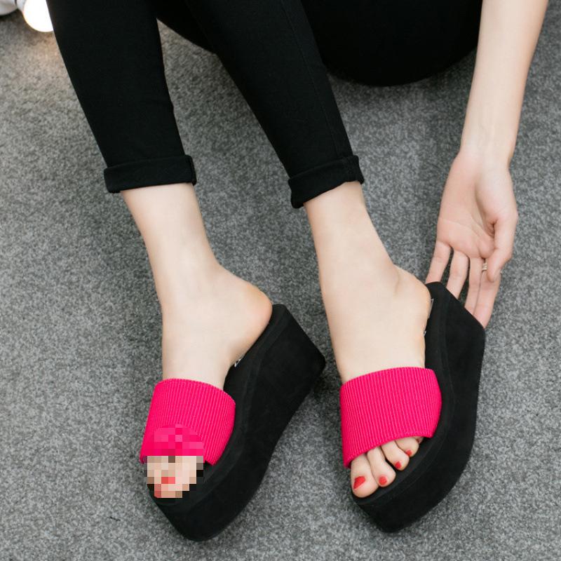 High-heeled Slippers Women's Summer One-word Sandals Thick-bottomed Wedge Heel Medium Heel Beach Foam Bottom Students Wear New Fashion