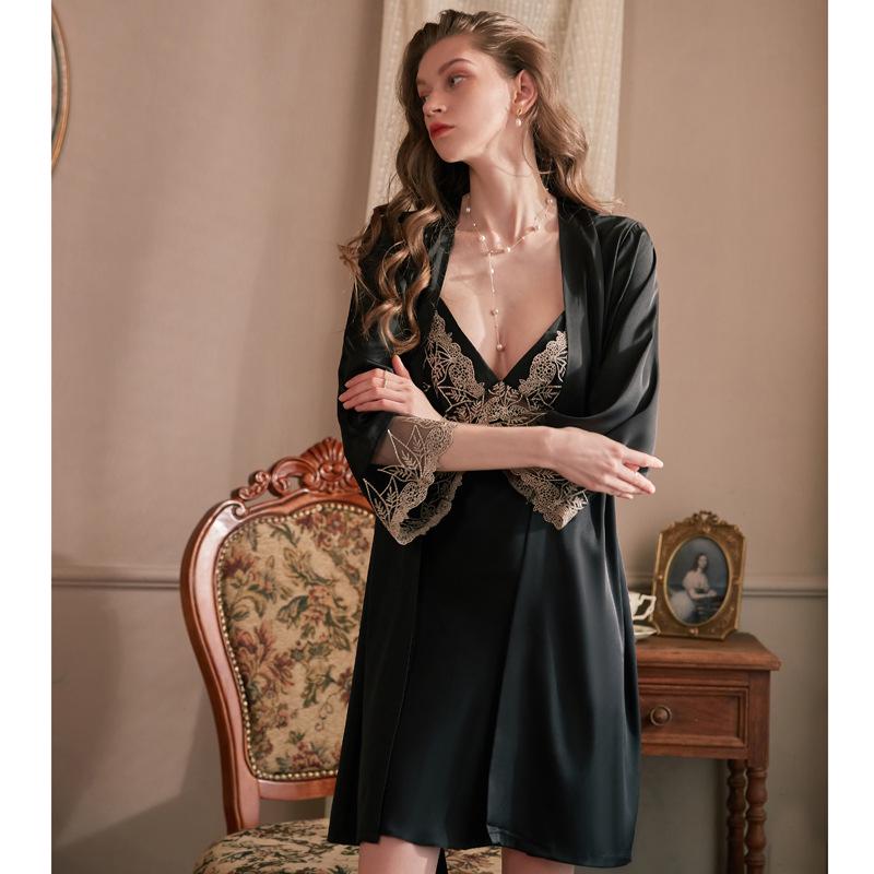 Silk Camisole Nightgown Set with Chest Pads & Embroidered Robe - Sexy Spring/Autumn Loungewear