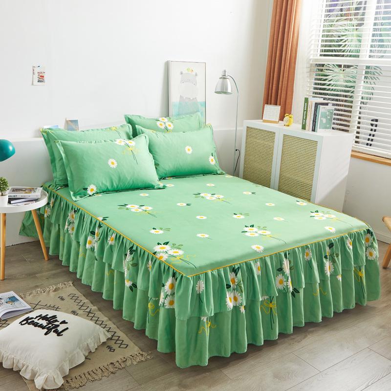3pcs Modern Korean Floral Bed Skirt Set with Lotus Leaf Embellishments and Princess Floral Pattern, All-Season Brushed Light Beige-Friendly Bedding