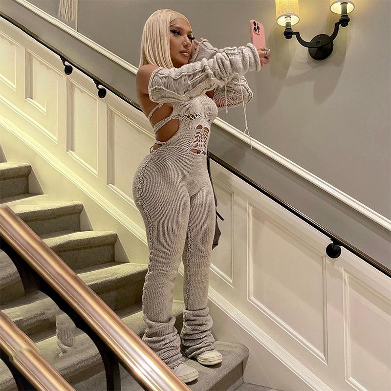 K23JP291 Women's Autumn/Winter 2023 Knitted Sleeve Cutout Jumpsuit with Baggy Pants
