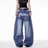 JYL Couples Jeans Blue Ripped Star Patch Summer American High Street Straight Wide Leg Denim