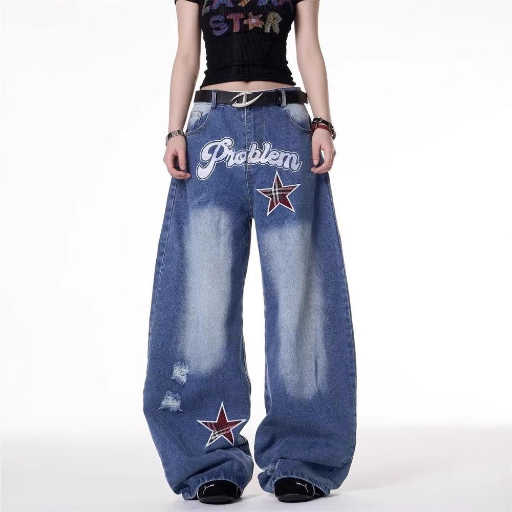 JYL Джинсы для пар Синие Рваные Нашивка Звезда Летние Американский Хай-стрит Прямые Широкие Джинсовые M