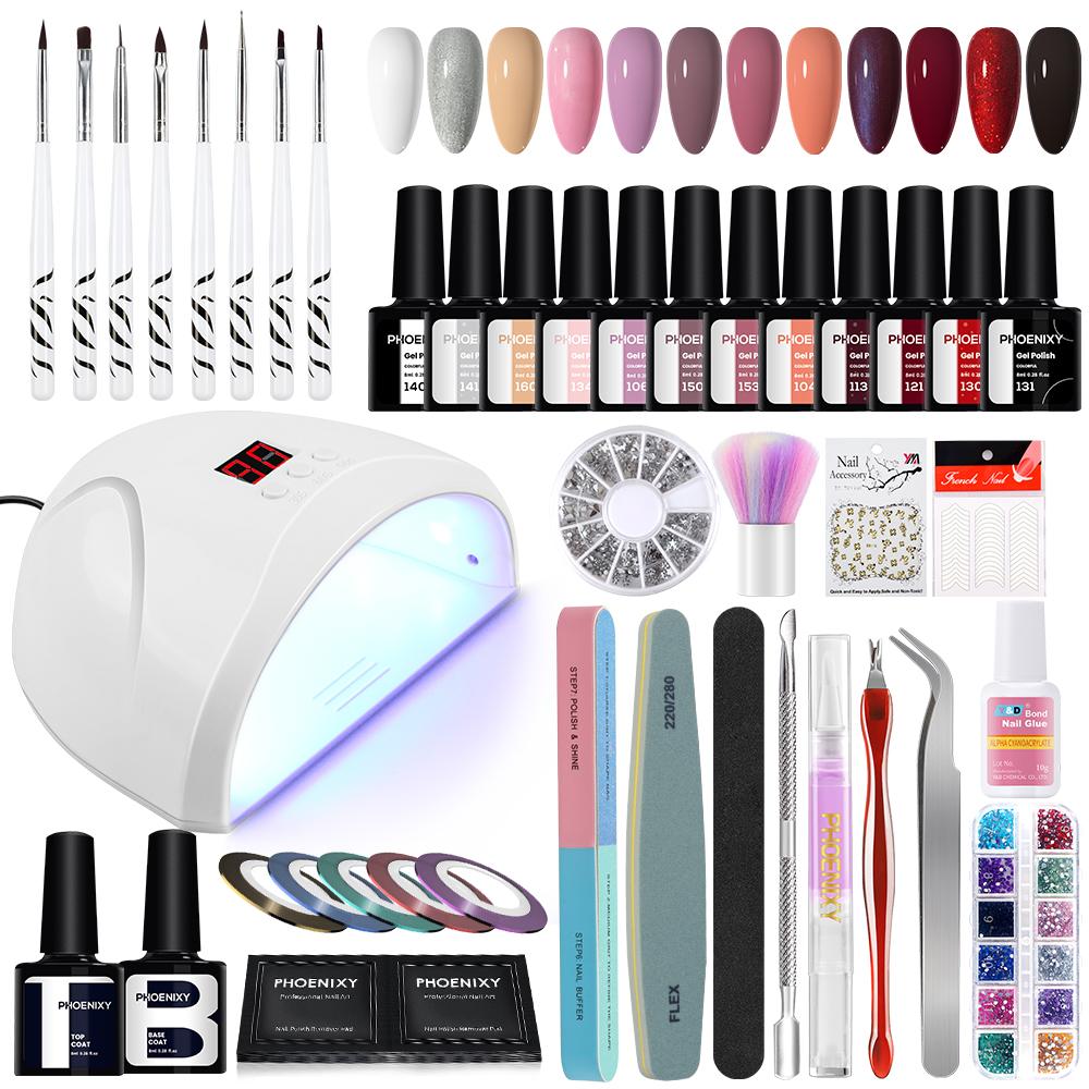 

Набор гель-лаков PHOENIXY со светодиодной лампой для цветов, набор УФ-гель-лаков для ногтей, набор инструментов для дизайна ногтей, базовый лак для маникюрного салона