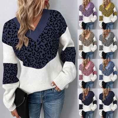 Women's  Solid Color Patchwork Leopard Print Long Sleeve Pullover Women's Knit Sweater