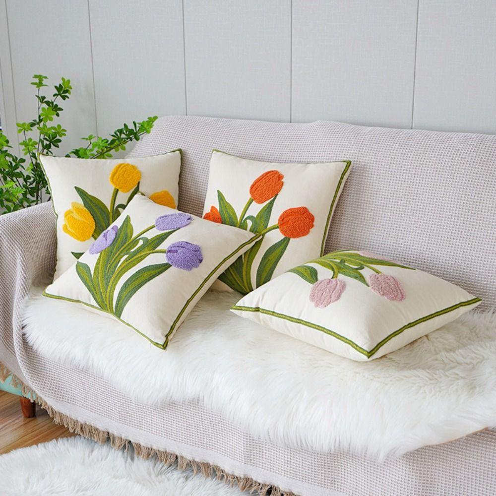 Embroidered Flower Tulip Pattern Pillowcase Square Cushion Cover Spring Throw Pillowcover Sofa/Bed