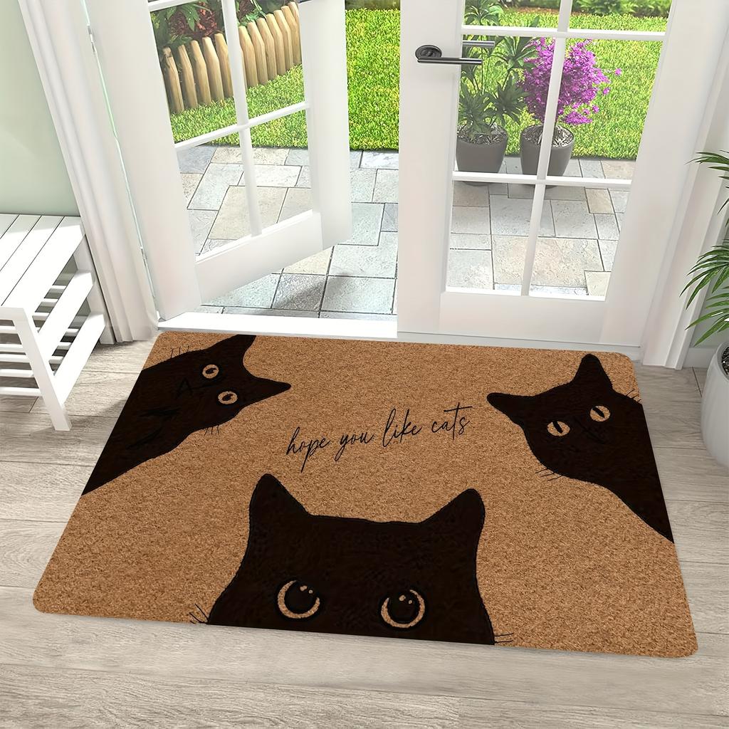 Polyester Black Cat Welcome Doormat - Machine Washable, Printed "Hope You Like Cats", Suitable for Front Door, Indoor/Outdoor
