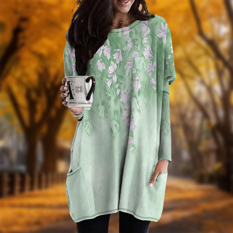 Neu Herbstlich Frischer Kleiner Blumenprint Übergröße Kleid Damen O-Ausschnitt Lange Ärmel Lässig Taschenkleider