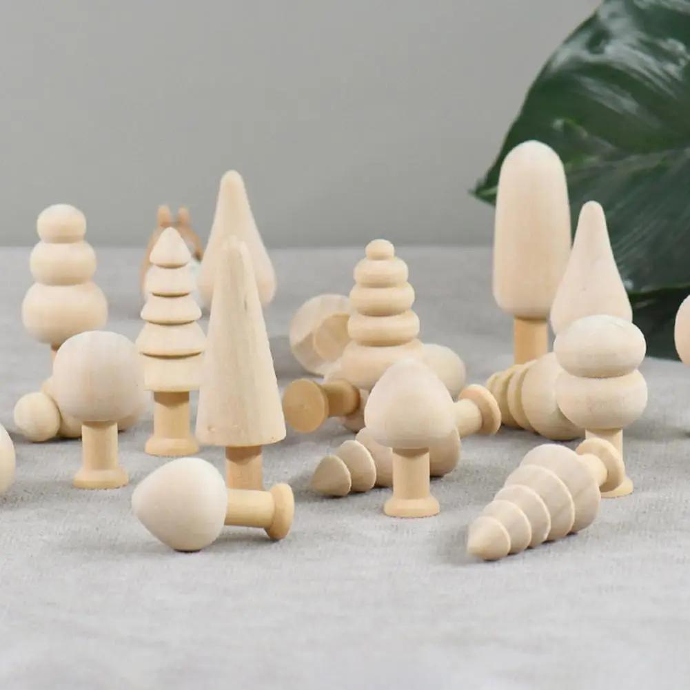 Unfinished Wooden Miniature Tree Painted Crafts Peg Dolls Wood Ornaments DIY Round Corners Kids Toy Mushroom Ornaments