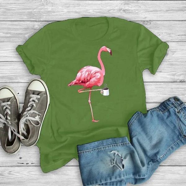 Flamingo Kaffetryck T-shirt Kvinnor Kortärmad O-hals Lös T-shirt Sommar Kvinnor T-shirt Toppar Camisetas Mujer