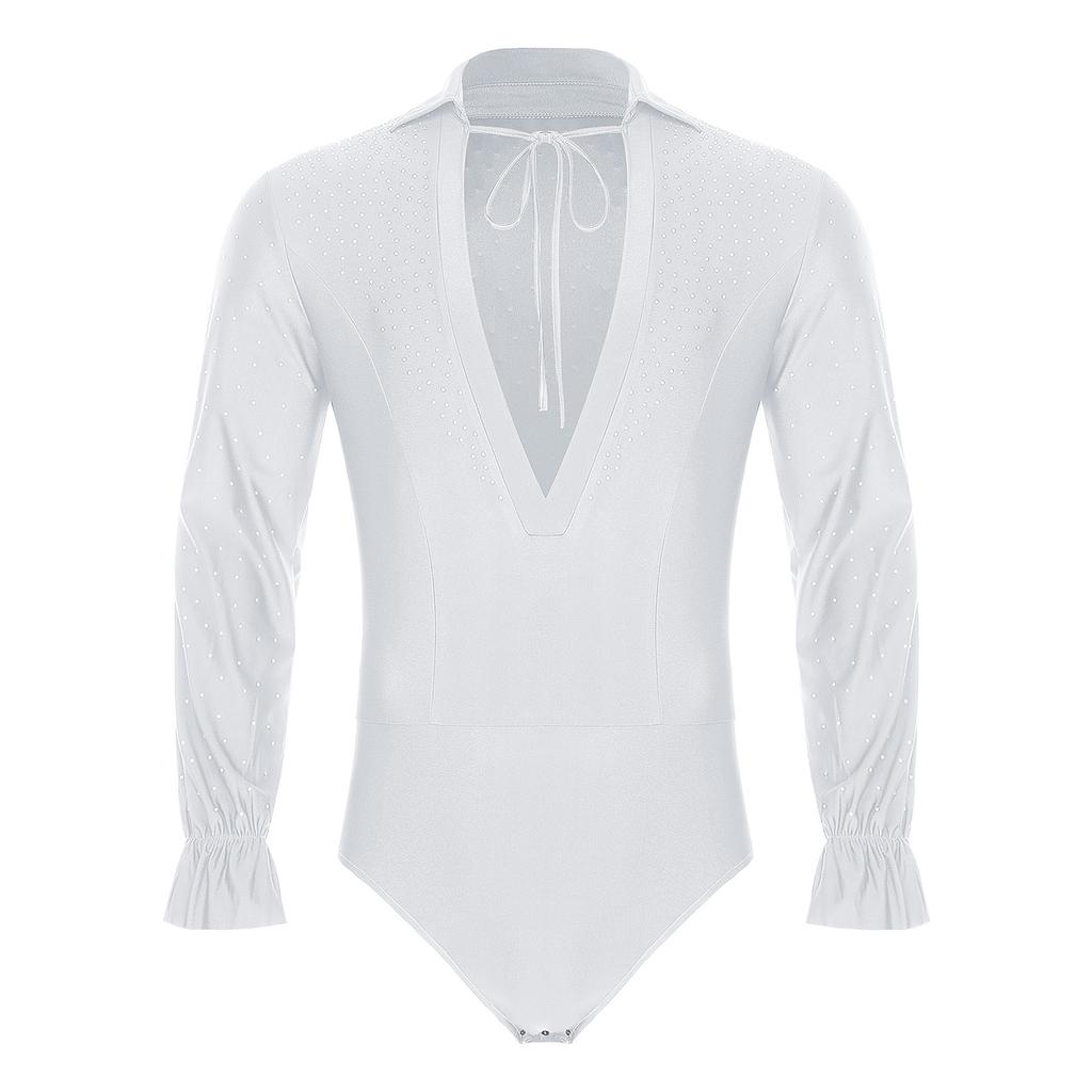 Mens Deep V Neck Long Sleeve Leotard Glitter Rhinestones Bodysuit Openable Crotch Latin Jazz Dance Ballet Costume