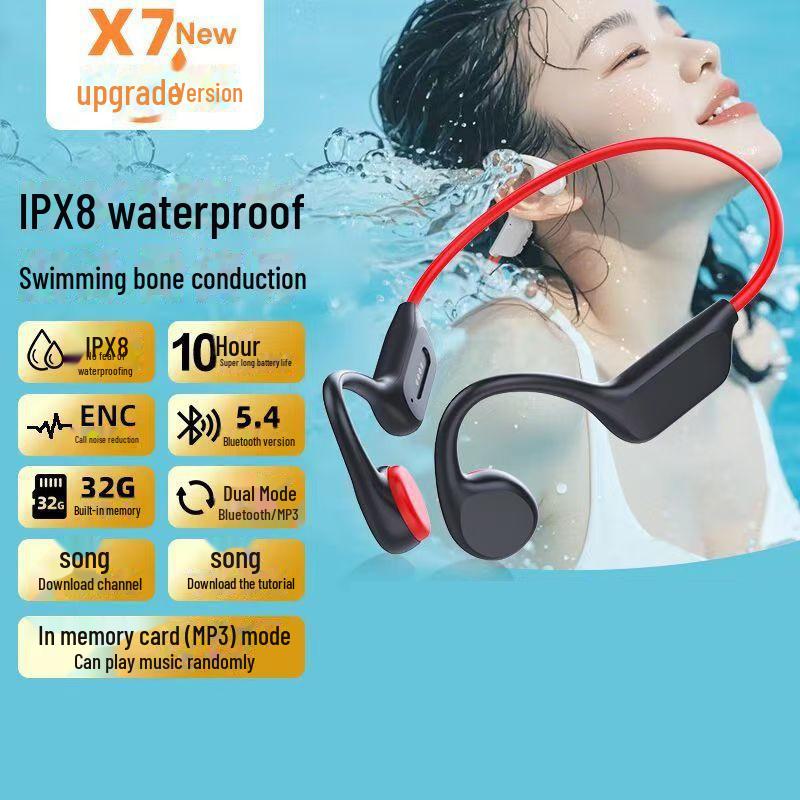 

Водонепроникна спортивна Bluetooth-гарнітура Bone Conduction X7 - ідеальна для плавання, бігу та активного відпочинку на природі, бездротова конструкція без вкладишів. Bluetooth 5.4 чорний/червоний