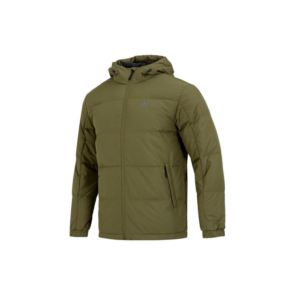 Adidas Logo Print Zip Pocket Detail Hooded Down Jacket Men Outerwear Army-Green HN2093