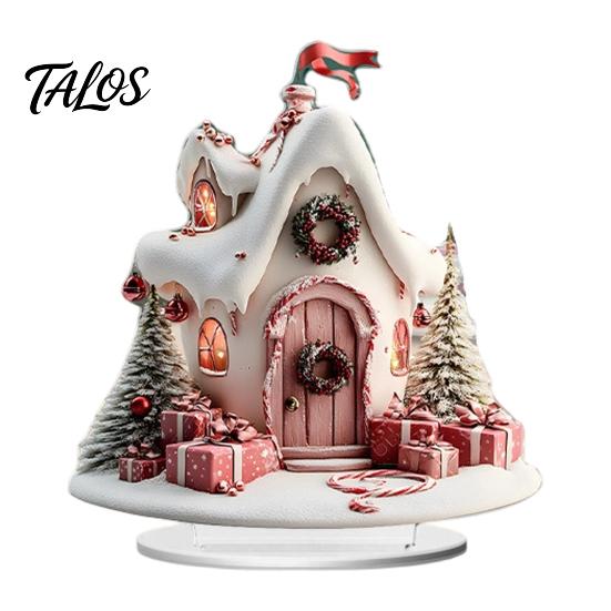 Colorful Acrylic Christmas Crafts Winter Tree Cottage Table Decoration, Double Sided Xmas Cabin Ornament Fairy Tale Igloo Decor with Stable