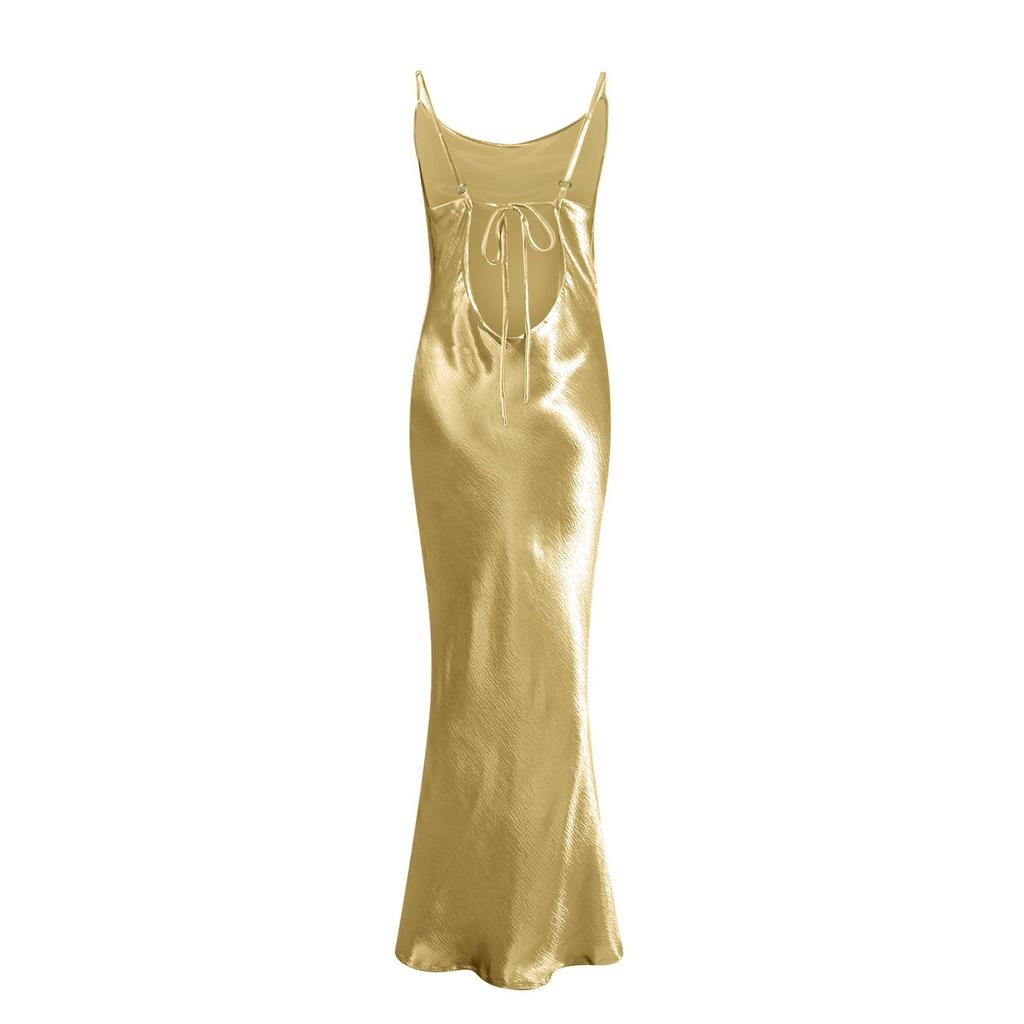Abito Estivo Raso Spallina Sottile Scollo a Cascata Schiena Nuda Abito Midi Elegante Schiena Bassa Abito da Cocktail