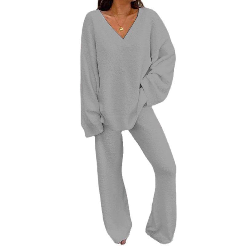 

European Winter Comfortable V-Neck Solid Color Casual Home Two-Piece Set 2022 Small светло-серый