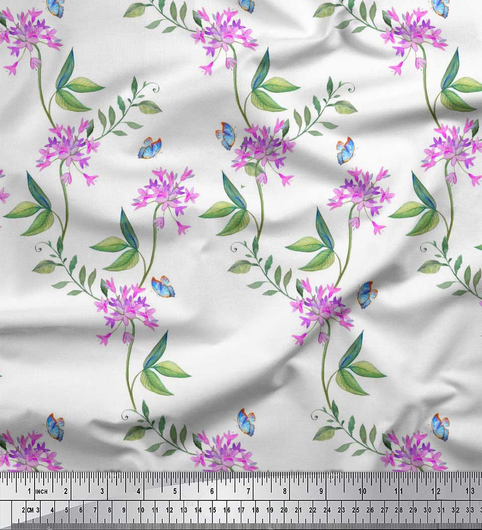 

Тканина для рукоділля Soimoi Japan Crepe Satin Leaves, Butterfly & Periwinkle Floral Printed Тканина на метр 42 дюйма 42 Inch Wide - Poly Crepe білий