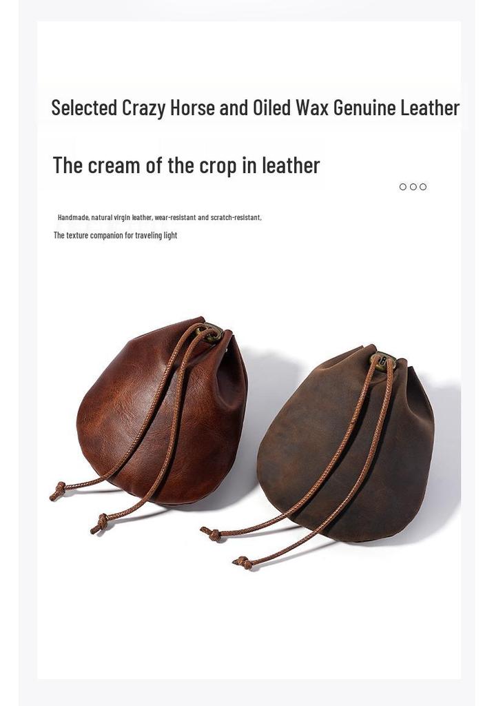 Genuine Leather Drawstring Coin Purse - Cowhide Storage Bag & New Year's Lucky Wallet.