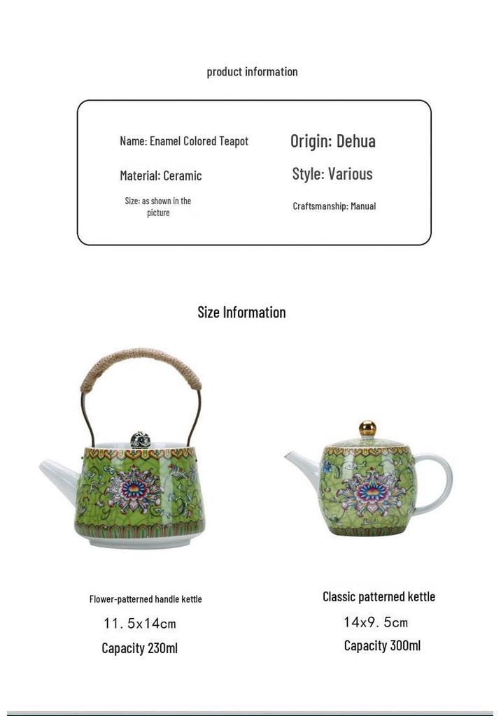 Enamel Color Ceramic Tea Set with Hand-Painted Floral Design, White Porcelain Kung Fu Brewer with Handle