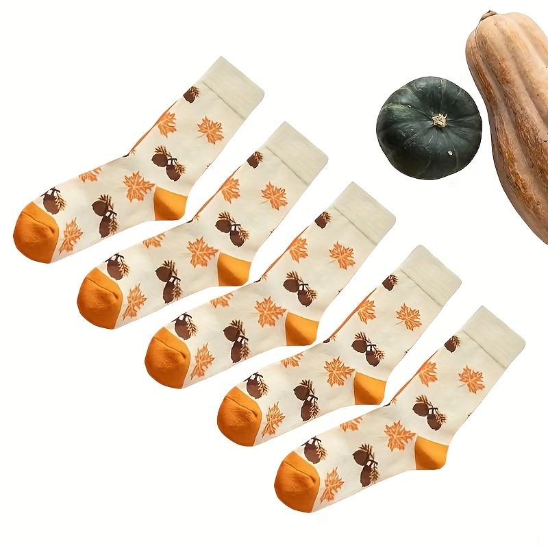 Autumn-Inspired 5 Pairs of Knee-Length Socks with Cartoon Squirrels and Pumpkins Design, Comfortable Fit Polyester Blend with Stretch