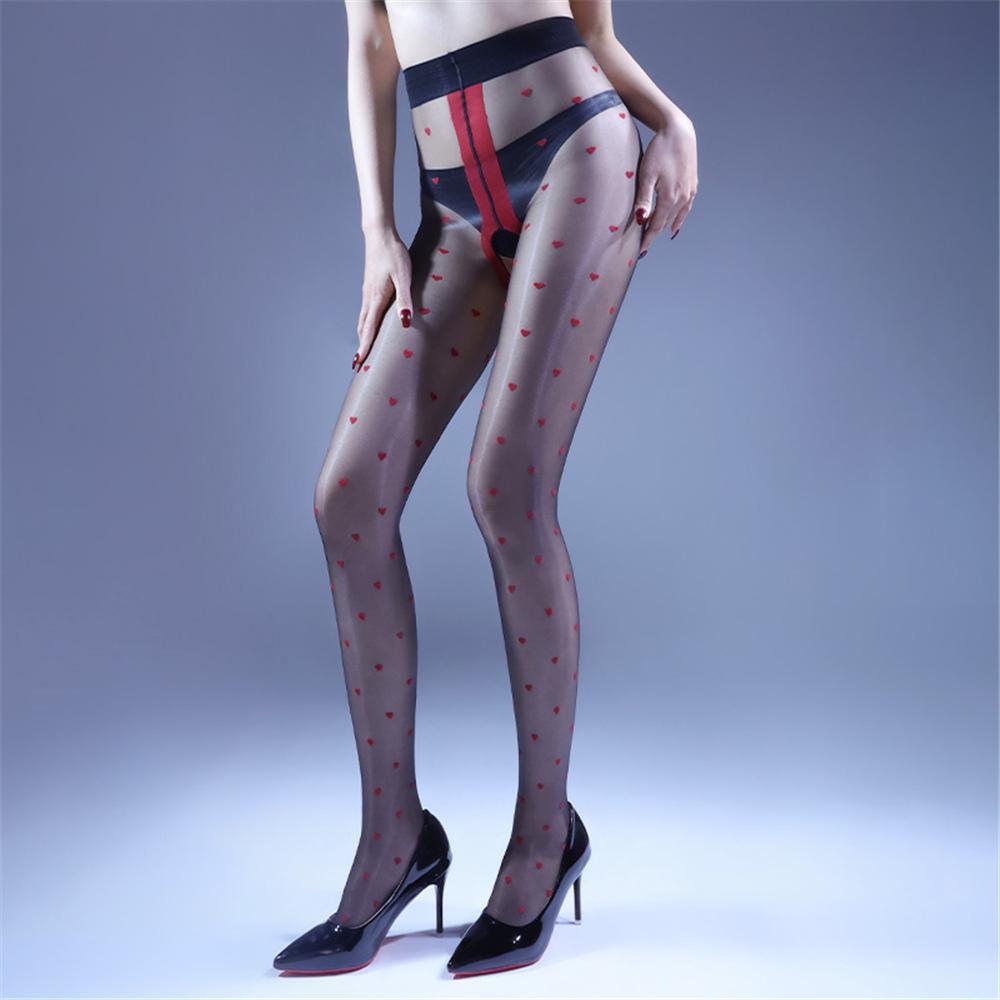 Sexy Women Heart Dot Hollow Out Pantyhose 1D Thin Bandage Oil Glossy Shiny Tights Sheer See Through Open Crotch Stockings