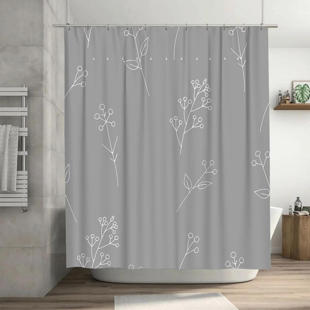 Modern Simple Style White Flower Pattern Shower Curtain for Bathroom Decor Customizable Size Waterproof Fabric Shower Curtains w