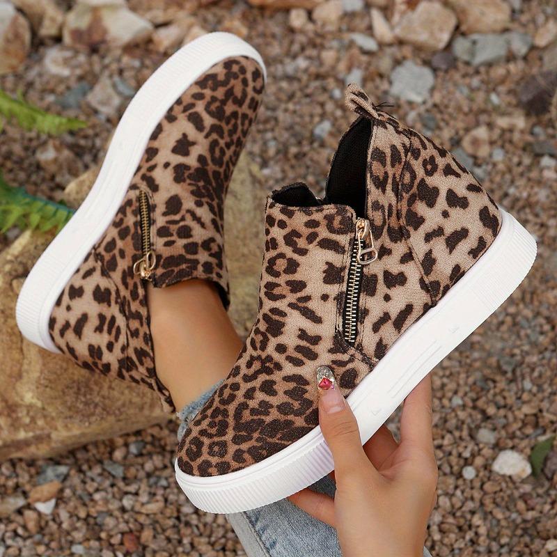 Women's Leopard Print Casual Ankle Boots with Thick Rubber Sole Zipper Closure - Round Toe Winter-Ready Fabric Upper for Office, Gym,