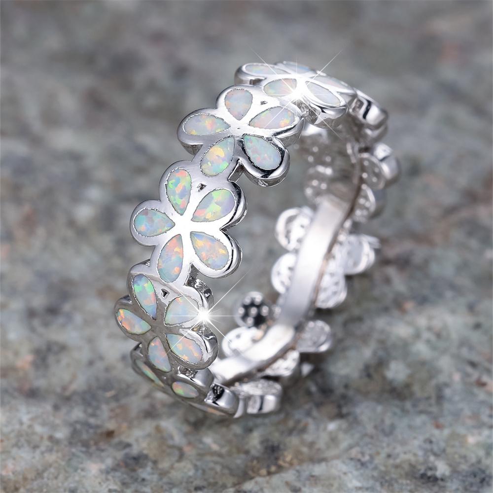 Cute Plumeria Flower White Fire Opal Rings For Women Vintage Silver Color Engagement Bands Jewelry Christmas Gifts