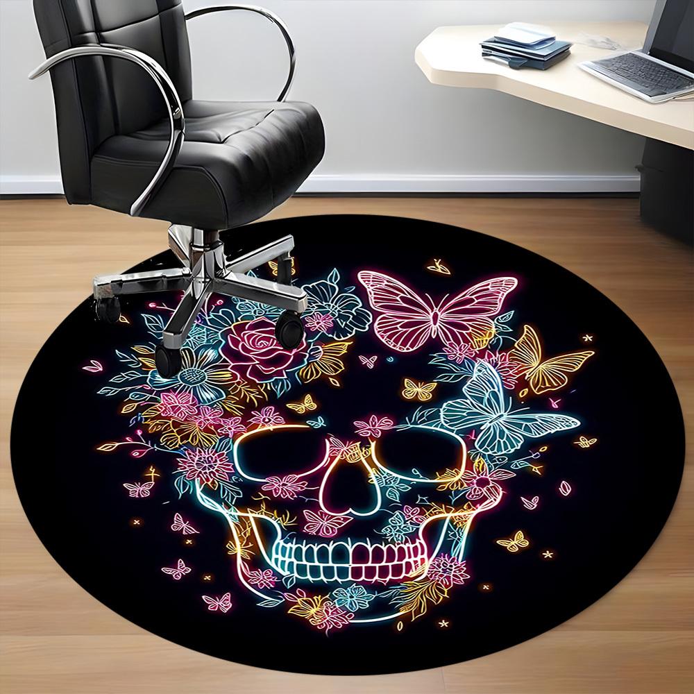 1pc Neon Skull Floral Design Chair Carpet for Office, Round Non Slip Durable Large Size Office Carpet, Suitable for Office
