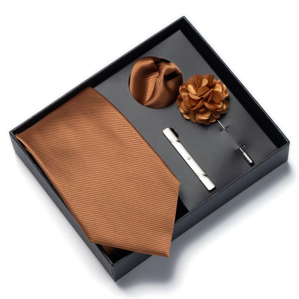 This solid color 4-piece men's tie gift set includes a brooch, corsage, and handkerchief. It's a perfect gift for Valentine's Da