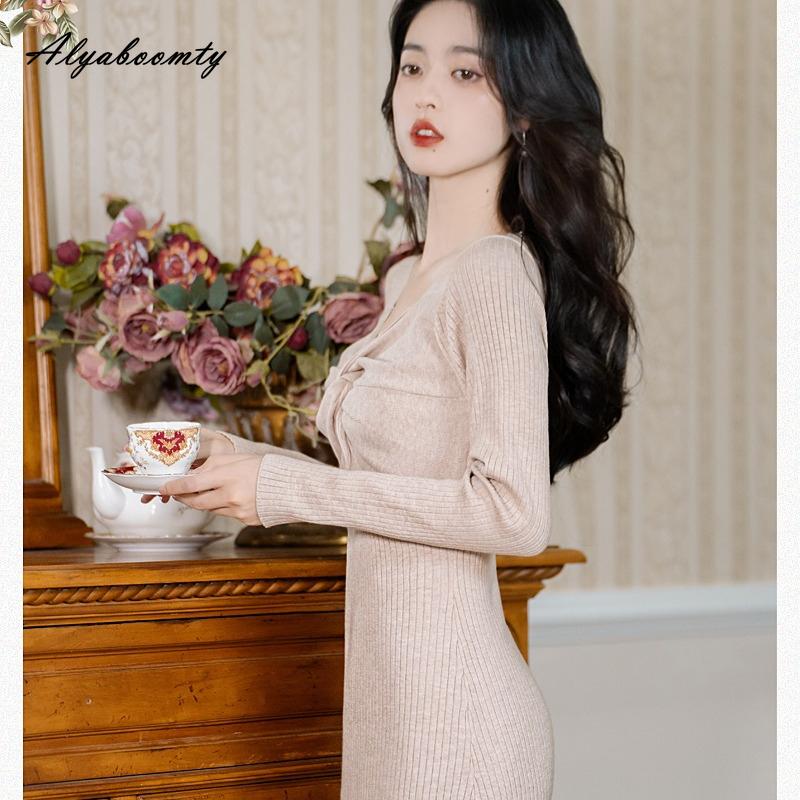 Francuski Styl Jesień Zima Damska Sukienka Swetrowa Dekolt V Dzianina Dopasowana Ciepła Sukienka Elegancka Kobieca Dzianinowa Sukienka A-Linia z Długim Rękawem