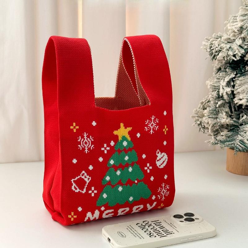 Christmas Holiday Themed Spandex Tote Bag -Large Capacity Knitted Gift Bags with Santa and Tree Patterns for Festive Gift Giving