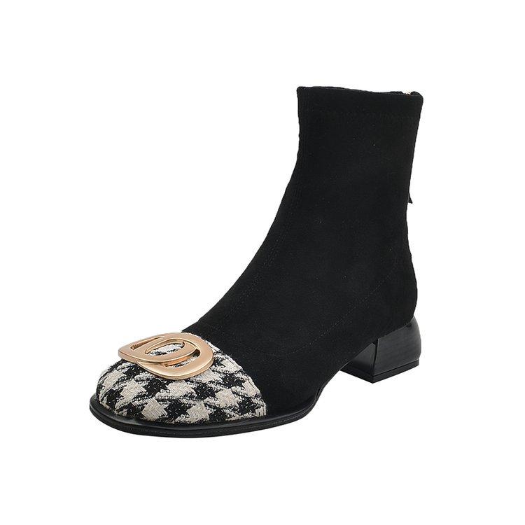 

Square head thick heel metal buckle thin boots women s autumn and winter new middle heel back zipper short boots thousand grid bird color matching 35