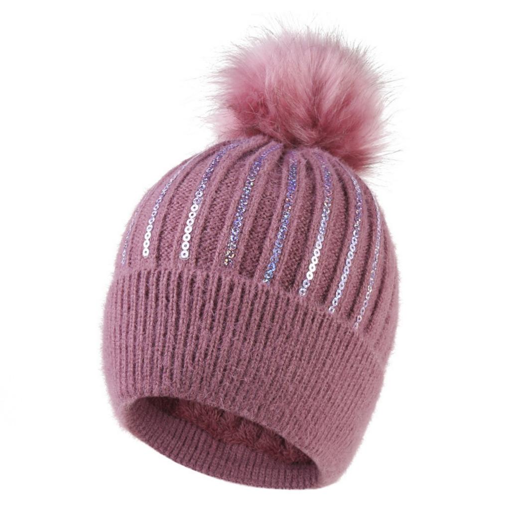 Damen Herbst- und Winter-Warmer Pailletten-Bommel-Wollhut, Modischer und Vielseitiger Kältehut