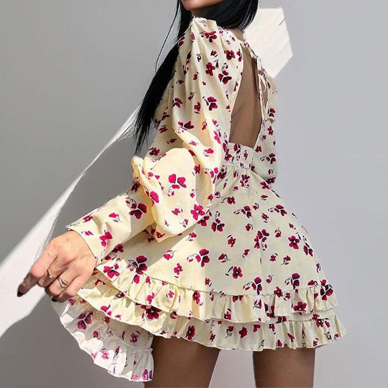 Women's clothing, new spring models in Europe, America, fashion printing V-neck backless waist short dress